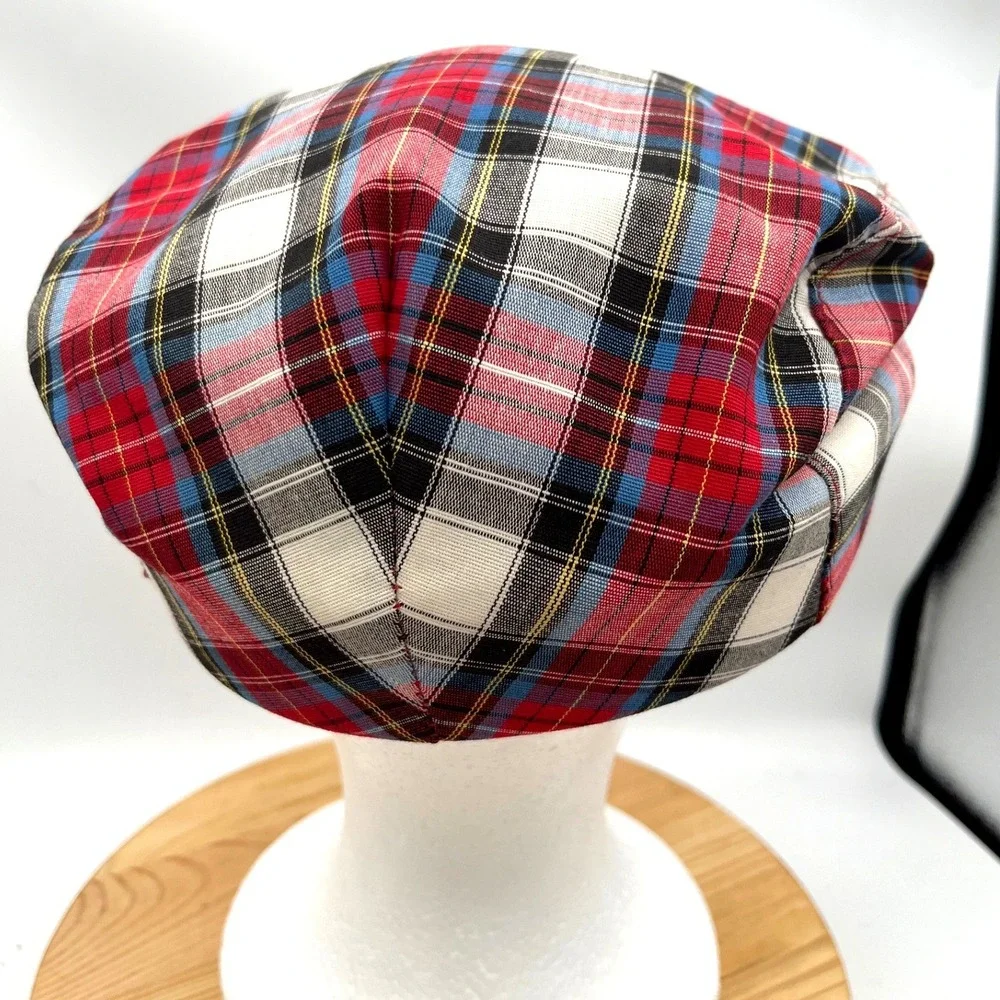 Vintage Plaid Flat Cap Red Blue White Tartan Driver Hat USA XL 7 1/2-7 5/8